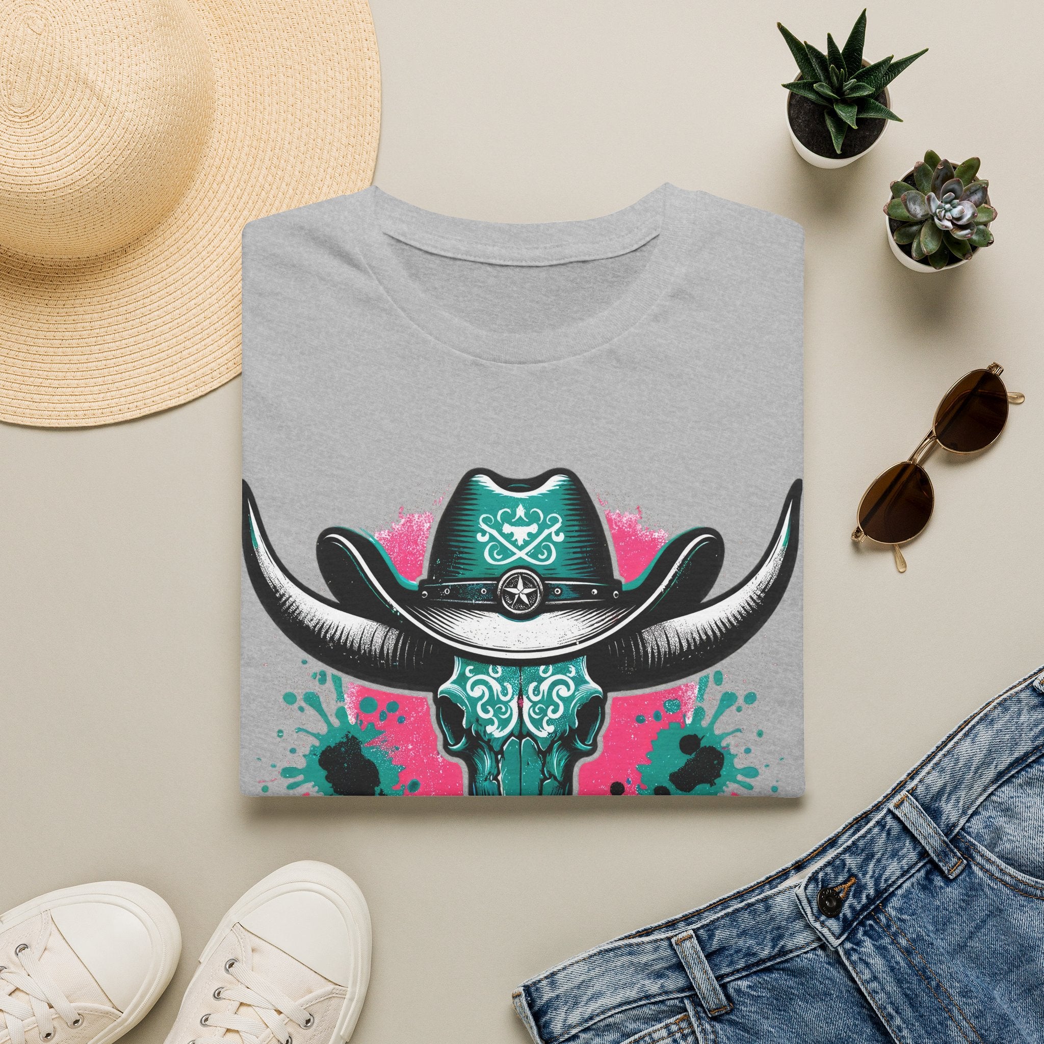 Cowgirl Skull Tee — Turquoise Western Steer Skull Graphic T-Shirt